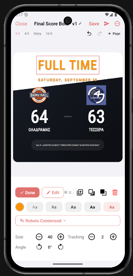 The editor with a Game Result post open and a text element selected