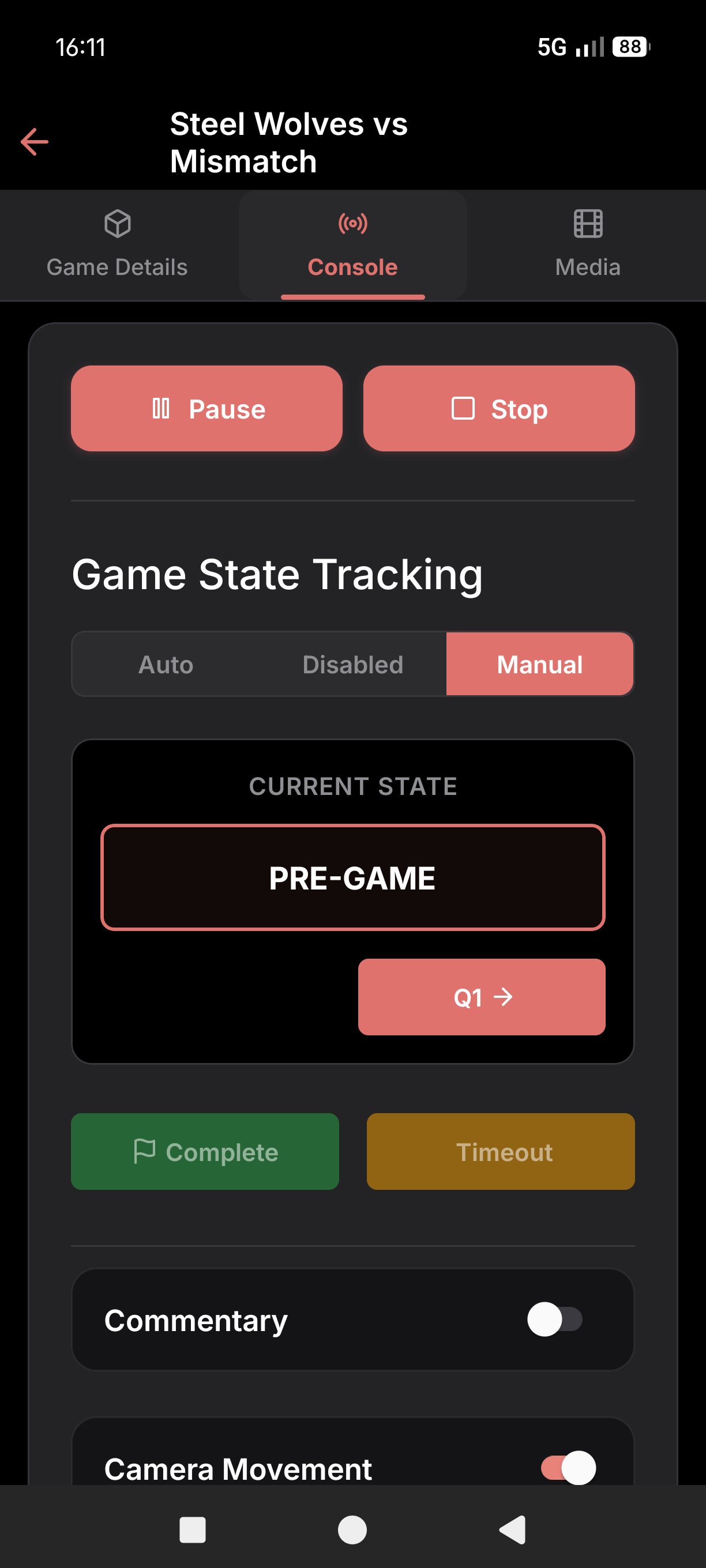 Live controls Console tab