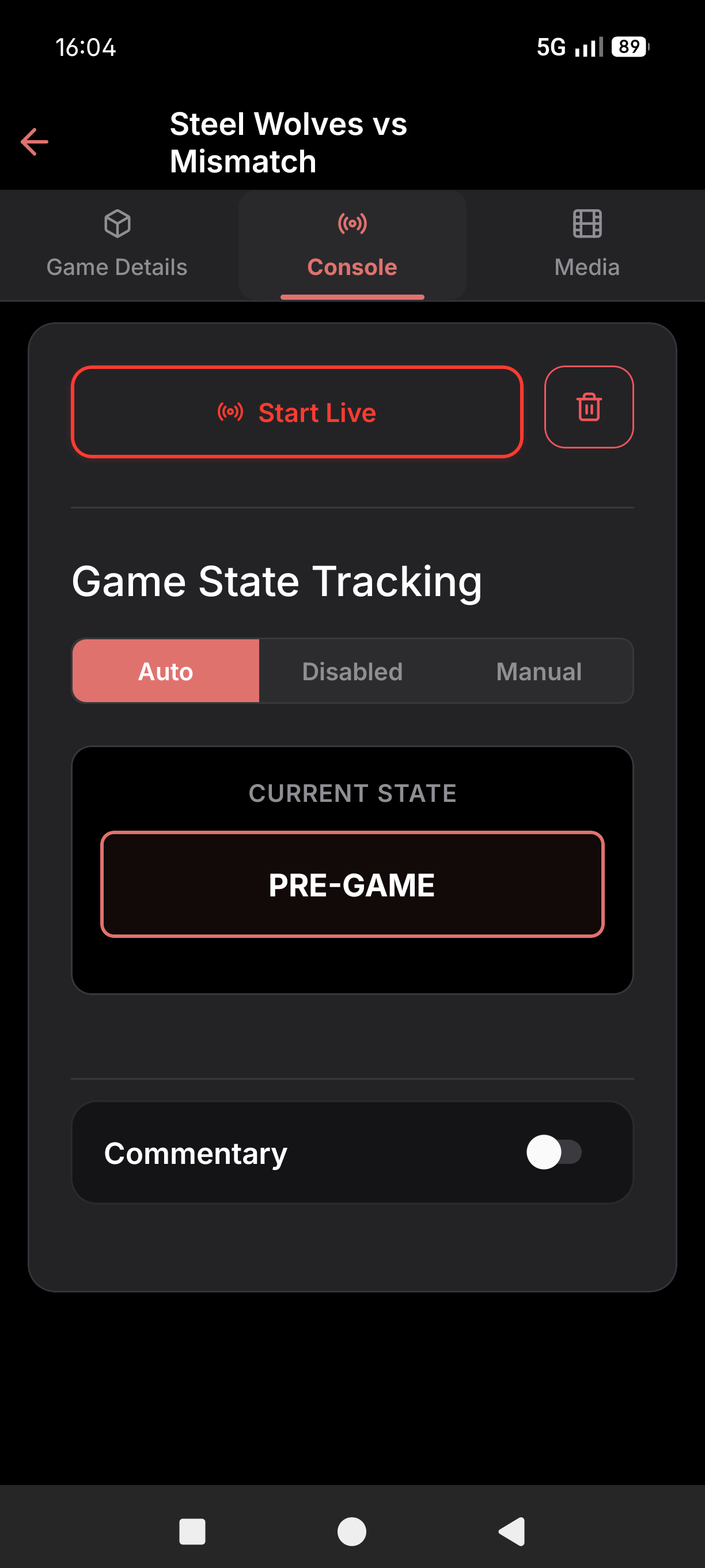 Console tab before stream starts