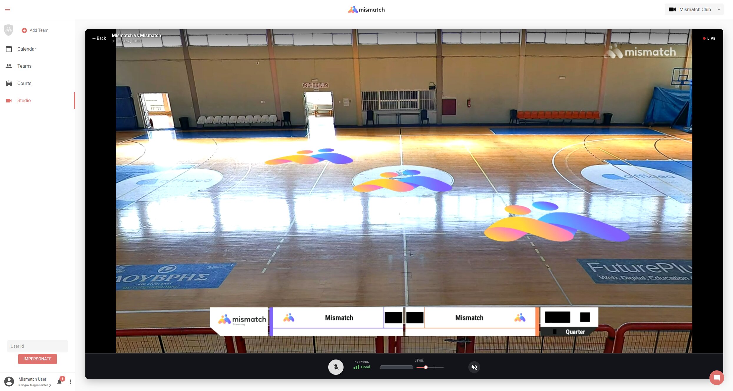 Studio game screen with video and control bar