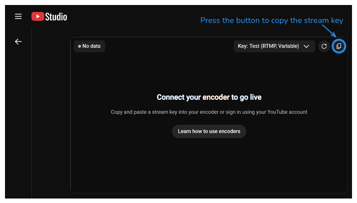Copying the stream key in YouTube Studio